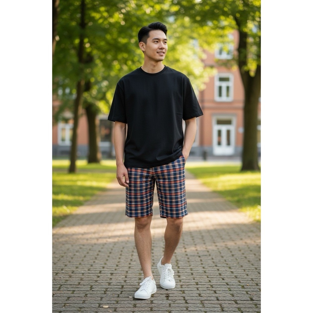 Adidas Men's 38 Woven Stretch Navy Orange Plaid Shorts Inseam 10.5"